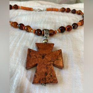 Earth Tone‎ Natural Stones Cross Pendant Beaded Necklace Bohemian